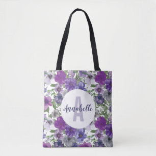 Rustikale Vintage Lila Floral-Aquarellfarben-Monog Tasche