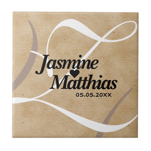 Rustikale, Vintage Mongram Burlap Wedding Fliese (Vorderseite)