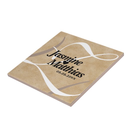 Rustikale, Vintage Mongram Burlap Wedding Fliese (Seite)