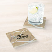 Rustikale, Vintage Mongram Burlap Wedding Glasuntersetzer (Schrägansicht)