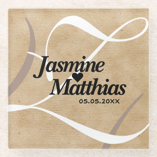 Rustikale, Vintage Mongram Burlap Wedding Glasuntersetzer (Vorderseite)