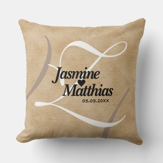 Rustikale, Vintage Mongram Burlap Wedding Kissen (Vorderseite)