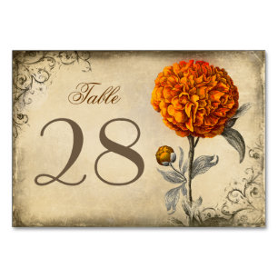 Rustikale Vintage-Orangen-Pfingstrosen-Hochzeit Tischnummer