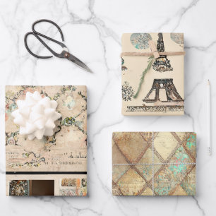 Rustikale Vintage-Romanze Paris Geschenkpapier Set