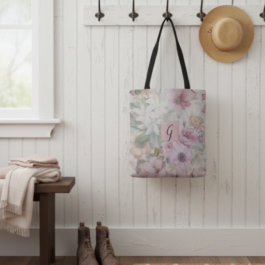 Rustikale Vintage-Rosa-Blumenmuster-Monogramm Tasche