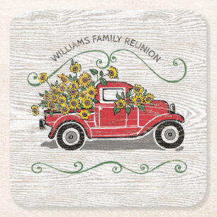Rustikale Vintage-Rot-Lastwagen-Sonnenblumen-Famil Rechteckiger Pappuntersetzer