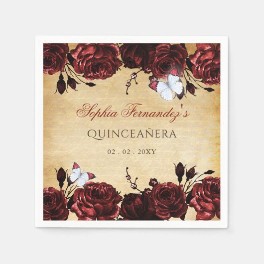 Rustikale Vintage rote Blumenschmetterlinge Serviette (Vorderseite)