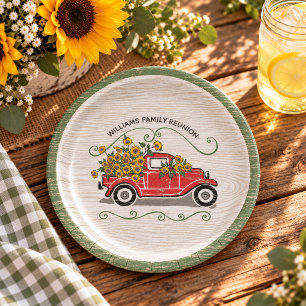 Rustikale Vintage-Rotlastwagen-Sonnenblumen-Famili Pappteller