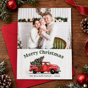 Rustikale Vintage-Rottruck-Familienfoto-Weihnachte Feiertagskarte