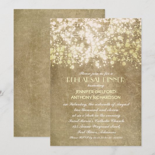 rustikale Vintage Saitenlichter Probe Dinner Einladung (Vorne/Hinten)