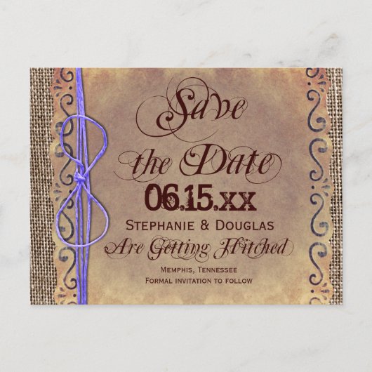 Rustikale Vintage Save the Date Postkarten Lila (Vorderseite)