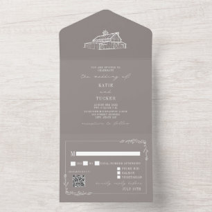 Rustikale Vintage-Scheune Grau QR RSVP Bauernhochz All In One Einladung