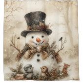 Rustikale Vintage-Schneemann-Vögel-Winterszene | Duschvorhang (Vorderseite)