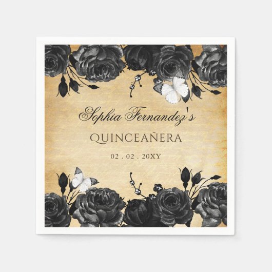 Rustikale Vintage-Schwarze Blumenschmetterlinge Serviette (Vorderseite)