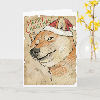 Rustikale Vintage-Skizze Shiba Inu Weihnachts-Hund Karte