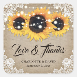 Rustikale Vintage Sonnenblume Hochzeit Vielen Dank Quadratischer Aufkleber