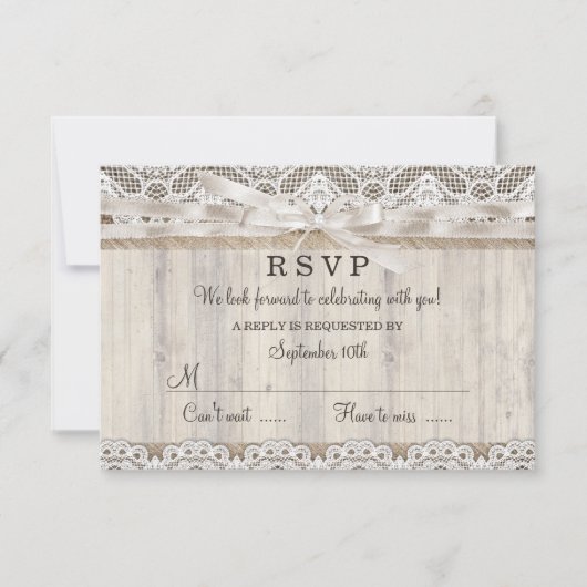 Rustikale Vintage Spitzen- und Holzhochzeit RSVP Karte (Vorderseite)