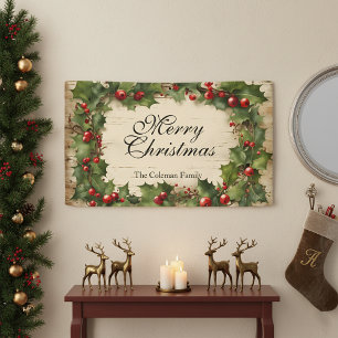 Rustikale Vintage-Stechpalme und Beeren Frohe Weih Banner