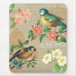 Rustikale Vintage-Vögel und Blumen im Shabby-Elega Mousepad