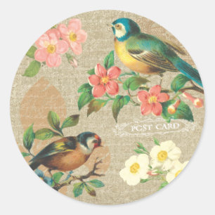Rustikale Vintage-Vögel und Blumen im Shabby-Elega Runder Aufkleber
