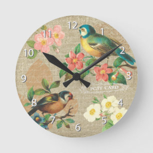 Rustikale Vintage Vogel-und Blumen-schäbige Runde Wanduhr