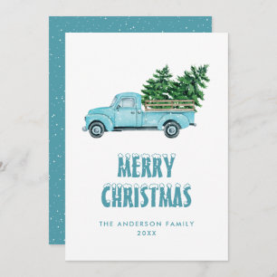 Rustikale Vintage Wasserfarbe Blauer Lkw Weihnacht Feiertagskarte