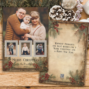 Rustikale Vintage-Weihnachtsgrüße mit vier Fotos Feiertagskarte