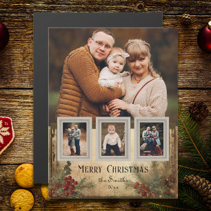 Rustikale Vintage-Weihnachtsgrüße mit vier Fotos Magnetkarte