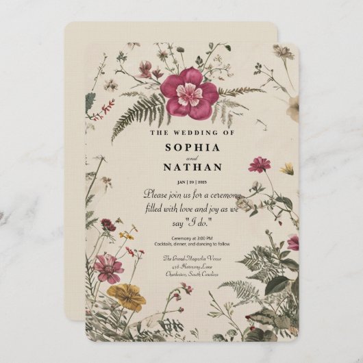 Rustikale Vintage Wildblume Einladung zur Hochzeit (Vorne/Hinten)