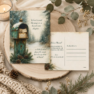 Rustikale Vintage-Winter-Postbox Wir sind umgezoge Postkarte