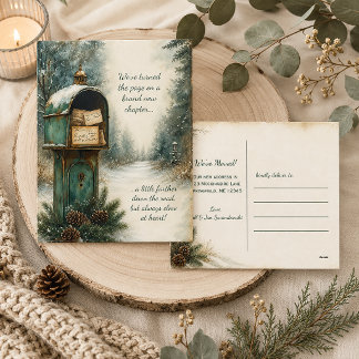 Rustikale Vintage-Winter-Postbox Wir sind umgezoge Postkarte