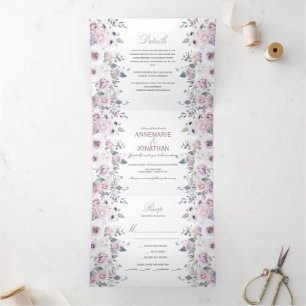 Rustikale Violett- und Pink-Aquarell-Rose Hochzeit Dreifach Gefaltete Einladung