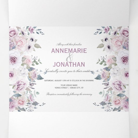 Rustikale Violett- und Pink-Aquarell-Rose Hochzeit Dreifach Gefaltete Einladung (Innenseite Mitte)