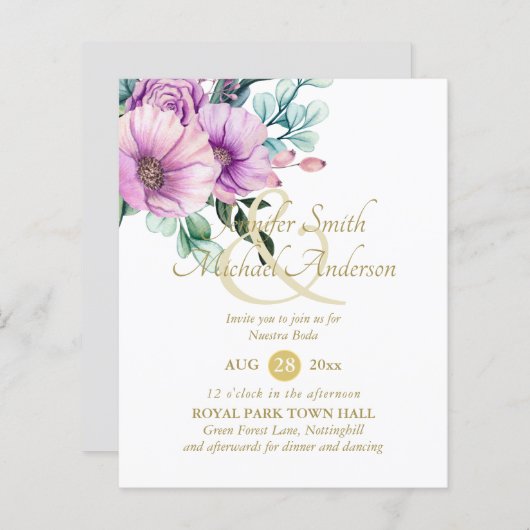 Rustikale violette Blumen Nuestra Boda Einladung (Vorne/Hinten)