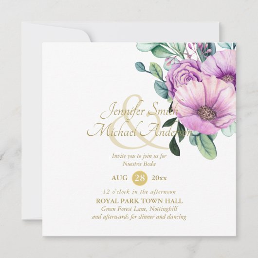 Rustikale violette Blumen Nuestra Boda Einladung (Vorderseite)