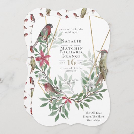 Rustikale Vögel botanische Vintage Einladung (Vorne/Hinten)