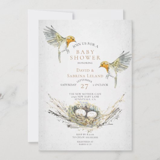 Rustikale Vögel und Nest Wasserfarbe Twins Kinderd Einladung (Vorderseite)