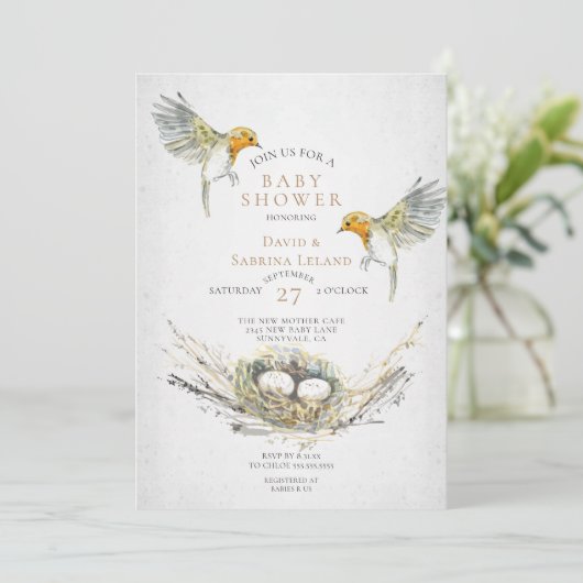 Rustikale Vögel und Nest Wasserfarbe Twins Kinderd Einladung (Stehend Vorderseite)
