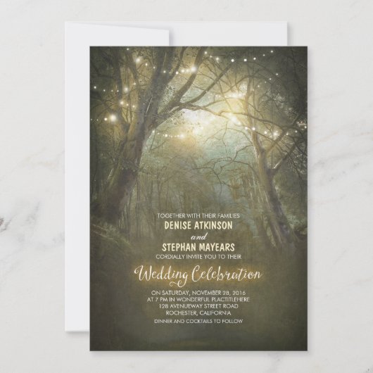Rustikale Wald-Lichterketten-Hochzeit Einladung (Vorderseite)