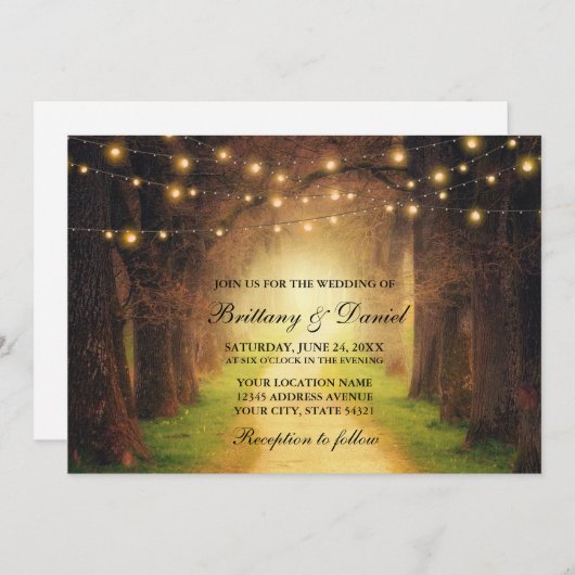 Rustikale Wald Path String Lights Hochzeit Einladung (Vorne/Hinten)