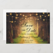 Rustikale Wald Path String Lights Hochzeit Save The Date (Vorne/Hinten)