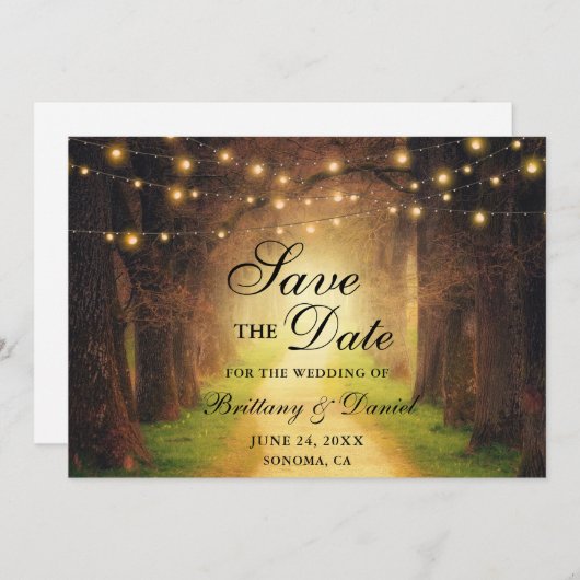 Rustikale Wald Path String Lights Hochzeit Save The Date (Vorne/Hinten)