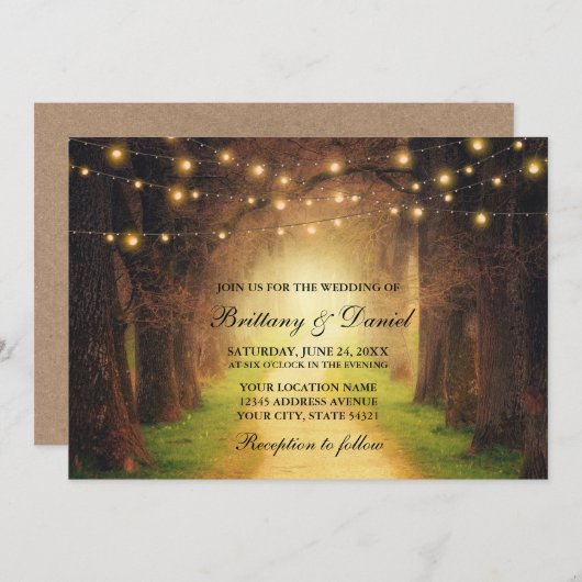 Rustikale Wald Path String Lights Wedding Kraft Einladung (Vorne/Hinten)