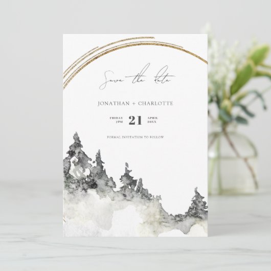 Rustikale Wald- und Berghochzeit Save The Date (Stehend Vorderseite)