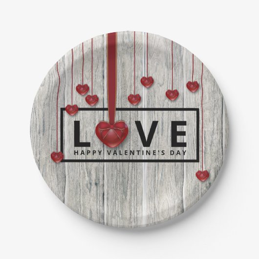 Rustikale Wald Valentine's Day LIEBE Rotes Herz Mo Pappteller (Vorderseite)