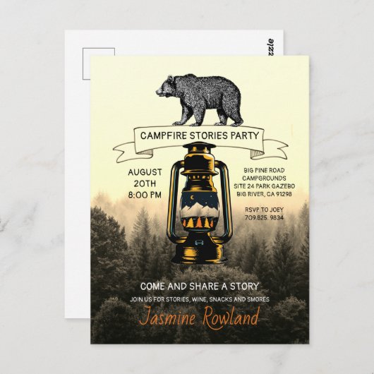 Rustikale Waldbärenbären Campfire-Party Einladunge Postkarte (Vorne/Hinten)