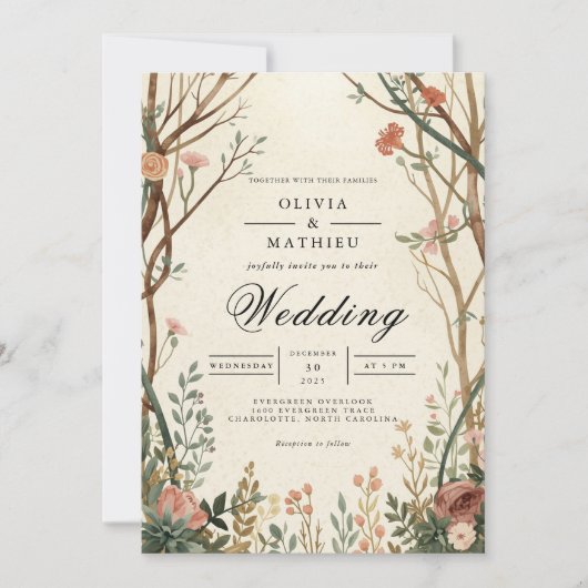 Rustikale Waldblütenhochzeit Einladung (Vorderseite)