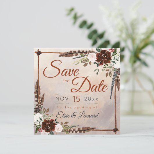 Rustikale Wälder Federn und Blütenblut Save The Date (Stehend Vorderseite)