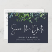Rustikale Wälder Foliage Navy Blau Save the Date Ankündigungspostkarte (Vorne/Hinten)