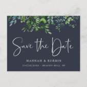Rustikale Wälder Foliage Navy Blau Save the Date Ankündigungspostkarte (Vorderseite)